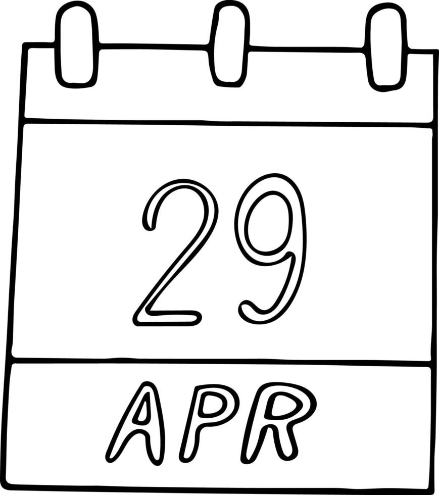 calendário desenhado à mão em estilo doodle. 29 de abril. dia internacional da dança, data. ícone, elemento de adesivo para design. planejamento, negócios, férias vetor