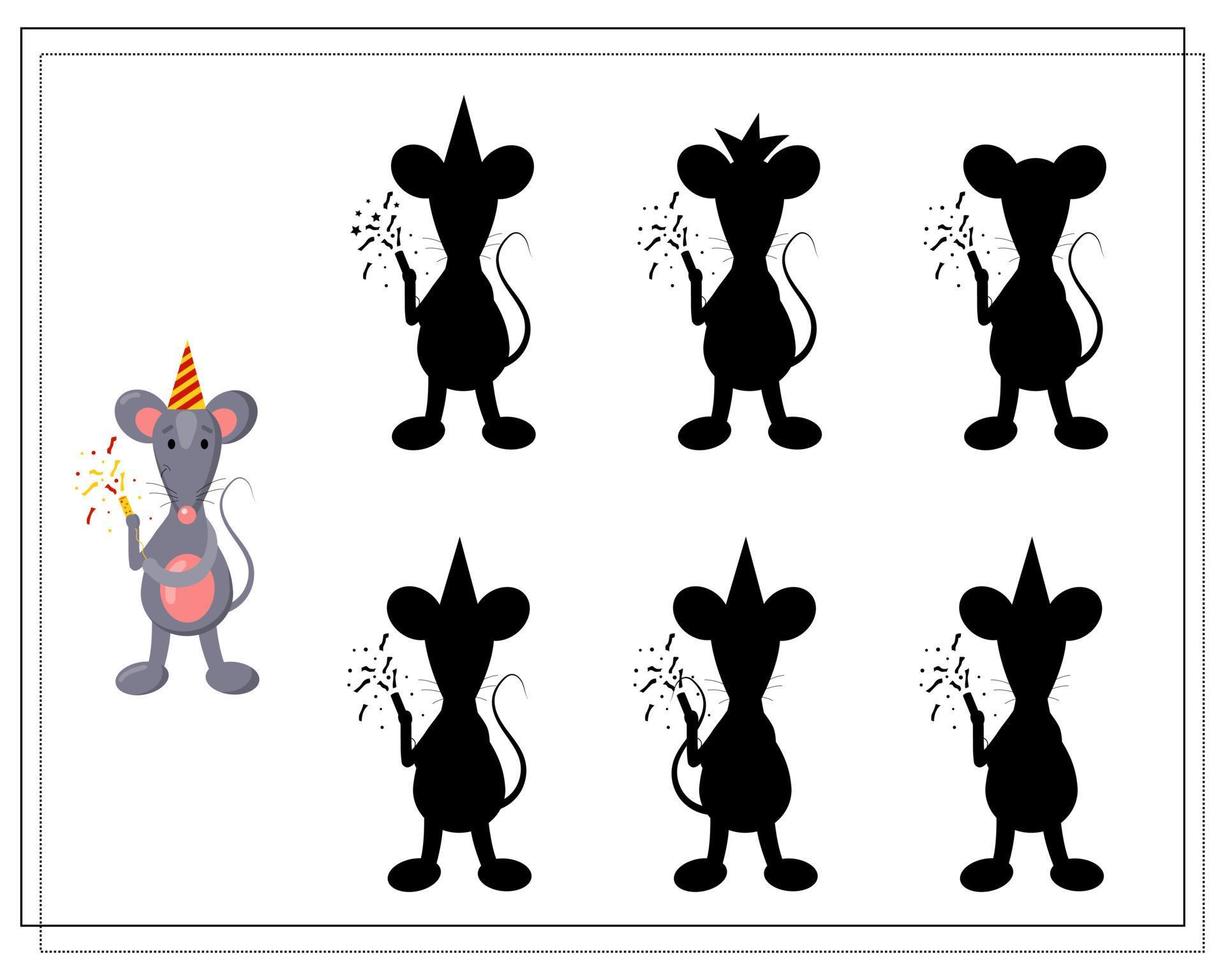 um jogo de lógica para crianças, encontre uma sombra. rato bonito dos desenhos animados, aniversário, vetor