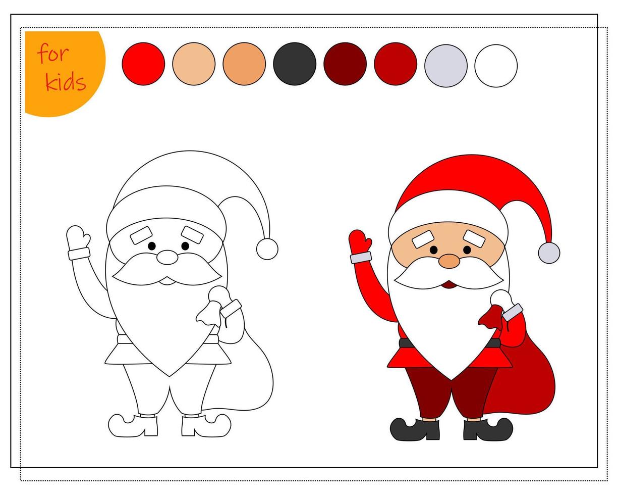 livro de colorir para crianças, papai noel com um saco de presentes. vetor