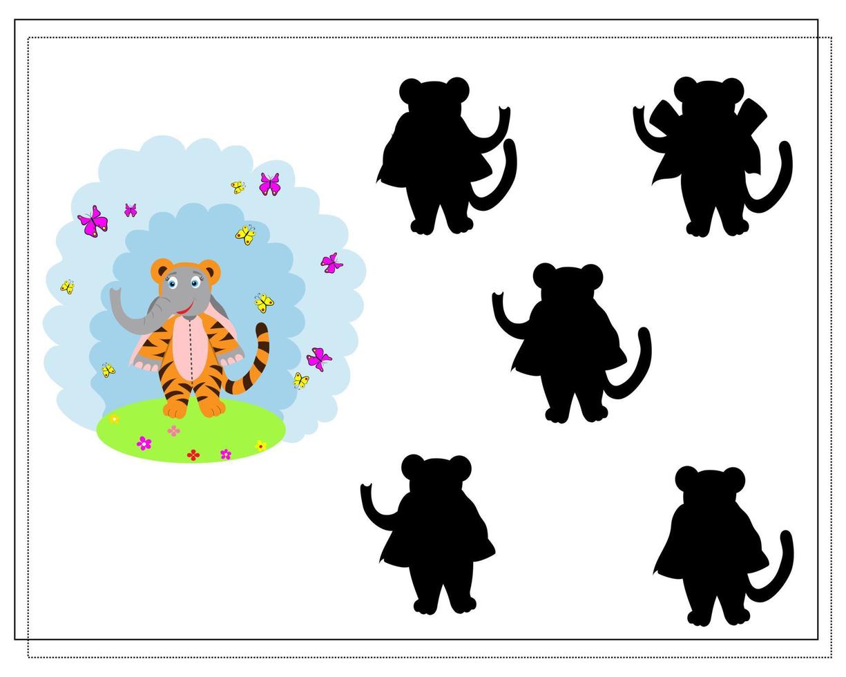 jogo para crianças encontrar a sombra certa, elefante bonito dos desenhos animados está vestido com uma fantasia de tigre vetor
