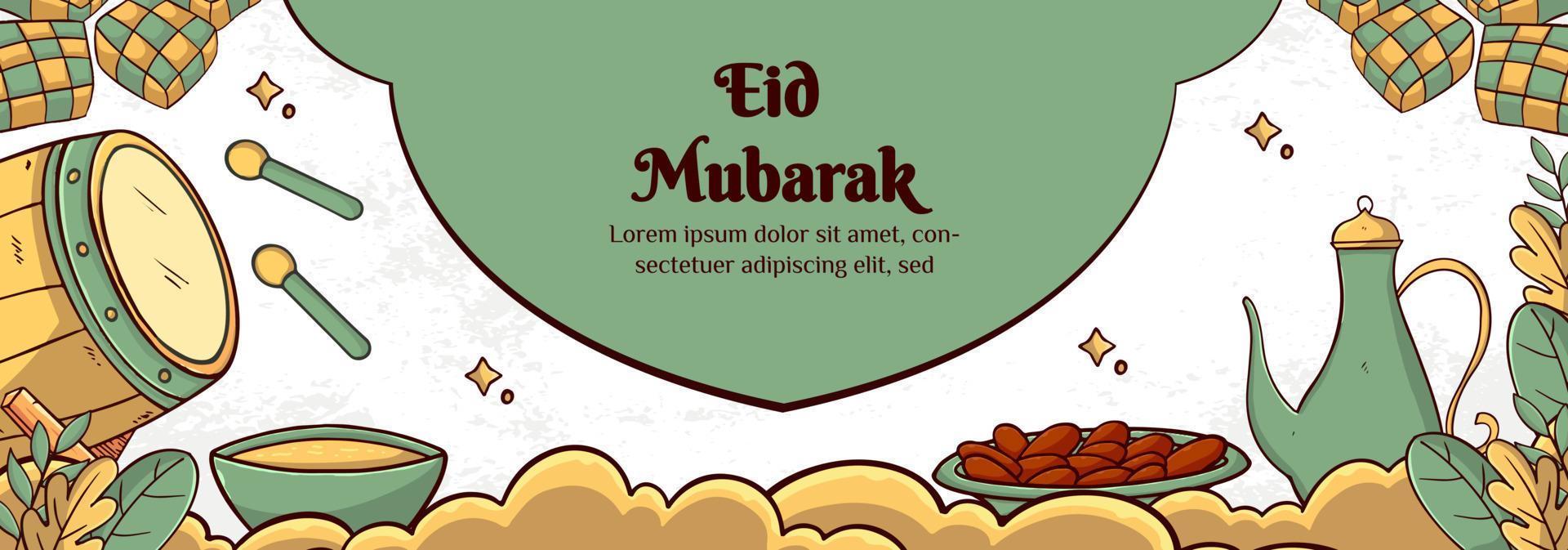 modelo de banner eid mubarak com conceito de ketupat e bedug. desenhado à mão e estilo plano vetor