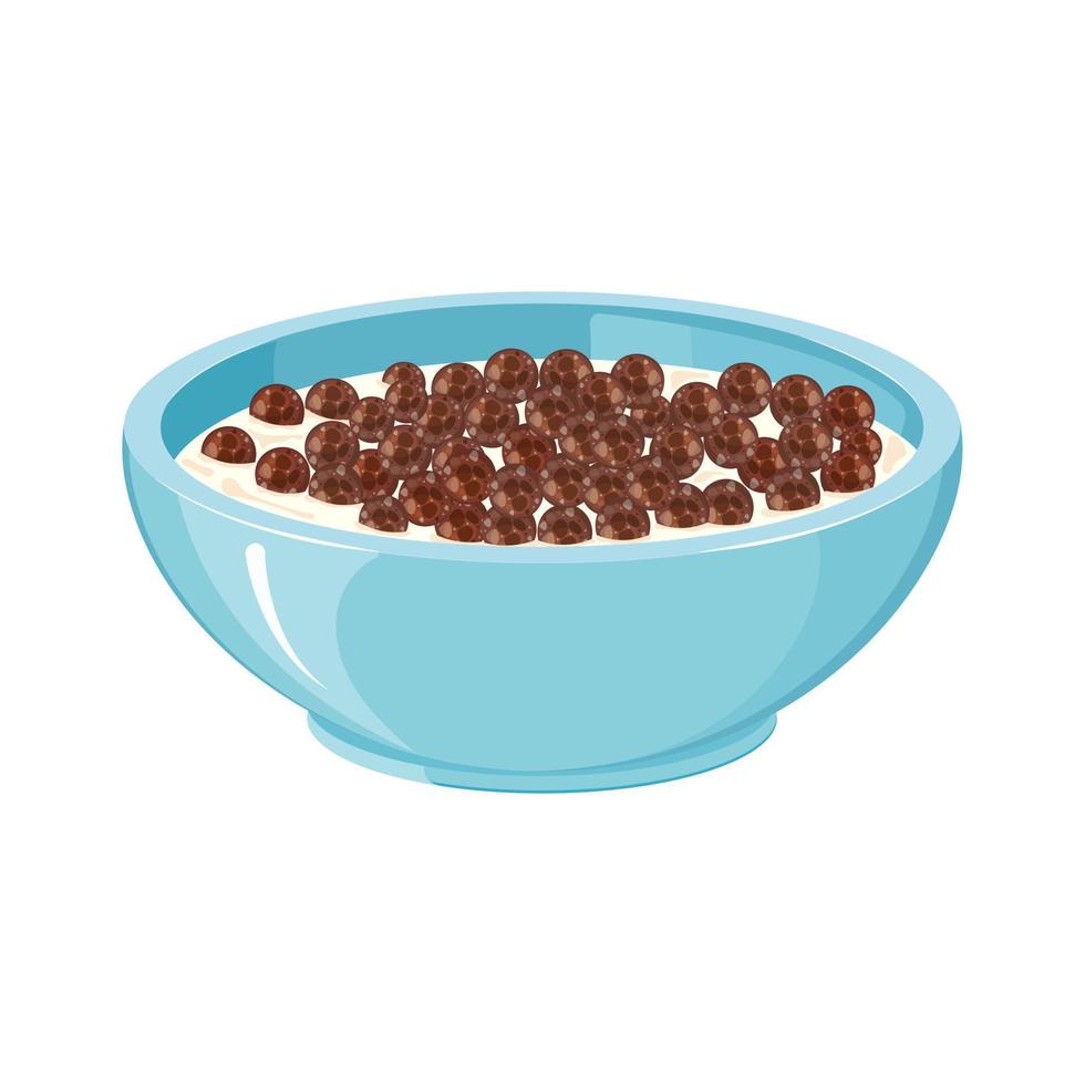 bolas de chocolate de cereais. cereais na tigela de leite. café da manhã de proteína doce para crianças. vetor