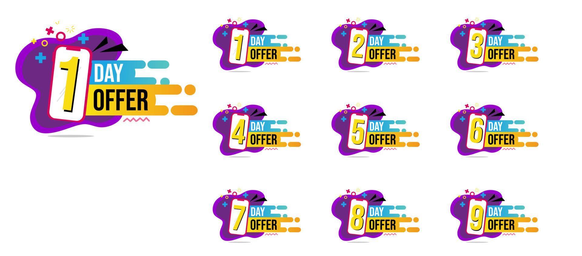conjunto de emblemas de publicidade de oferta de 1 dia em celular, rótulos para designs de publicidade modernos, usados para banners, cartazes vetor