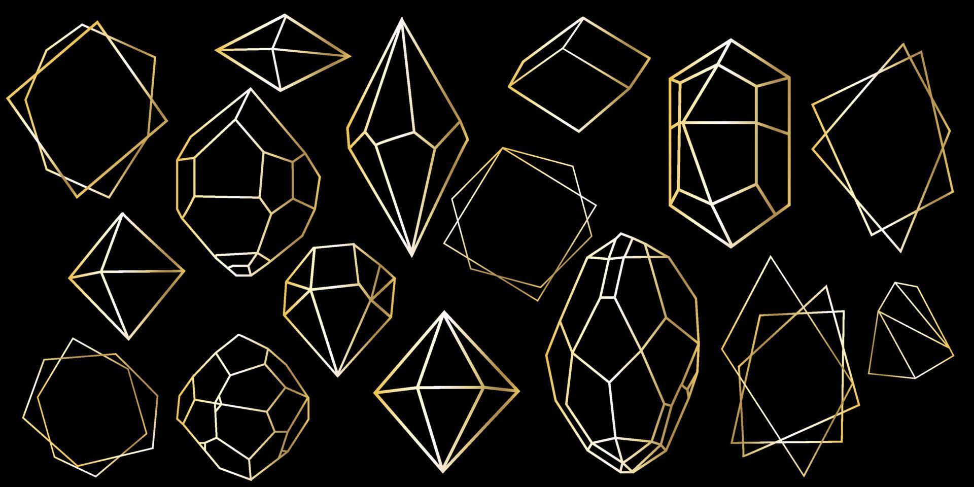 conjunto de vetores de formas de diamantes de cristal de luxo dourado. coleção de fronteira para cartão. fundo de brilho premium geométrico, forma de mosaico de polígono ametista gem quartzo pedra linha estilo de arte