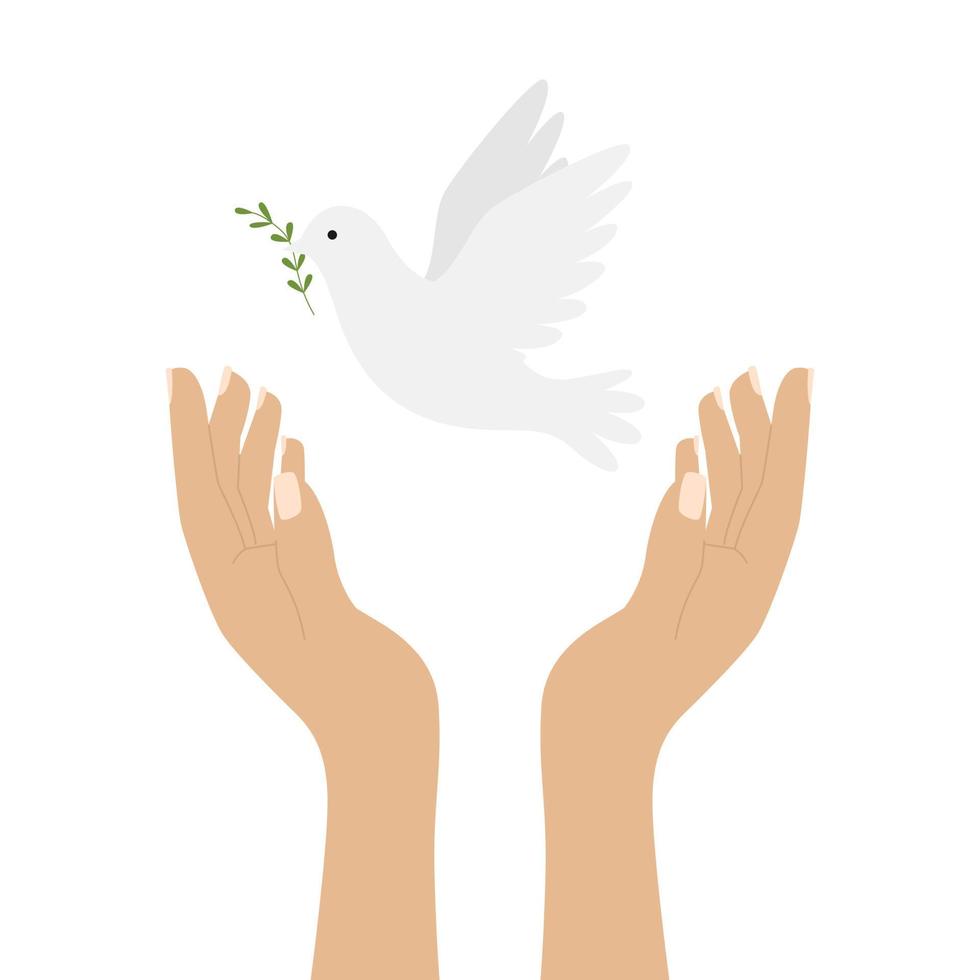 levantou as mãos humanas soltando uma pomba branca, símbolo de paz. um pássaro voador da paz. ilustração colorida em um estilo simples, isolado em um fundo branco vetor