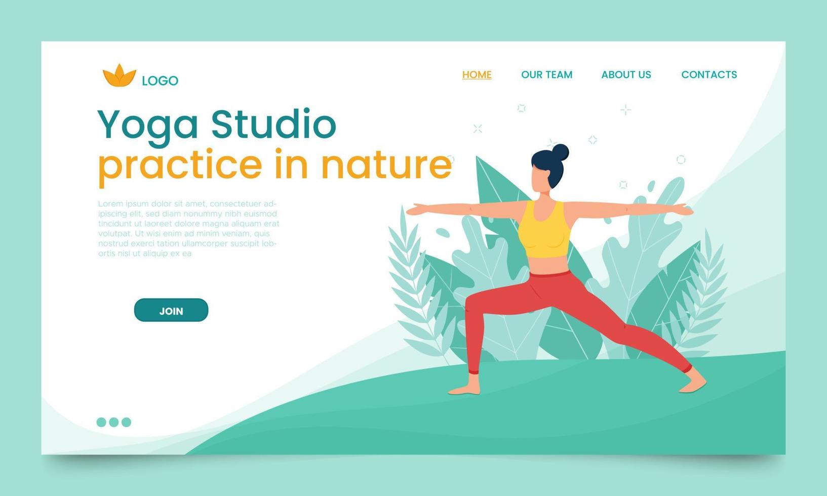 a garota pratica ioga ao ar livre. modelo de página de destino. o conceito de aulas de yoga.yoga ao ar livre na natureza. estilo plano. garota na pose de um guerreiro. banner com um personagem de desenho animado feminino. vetor