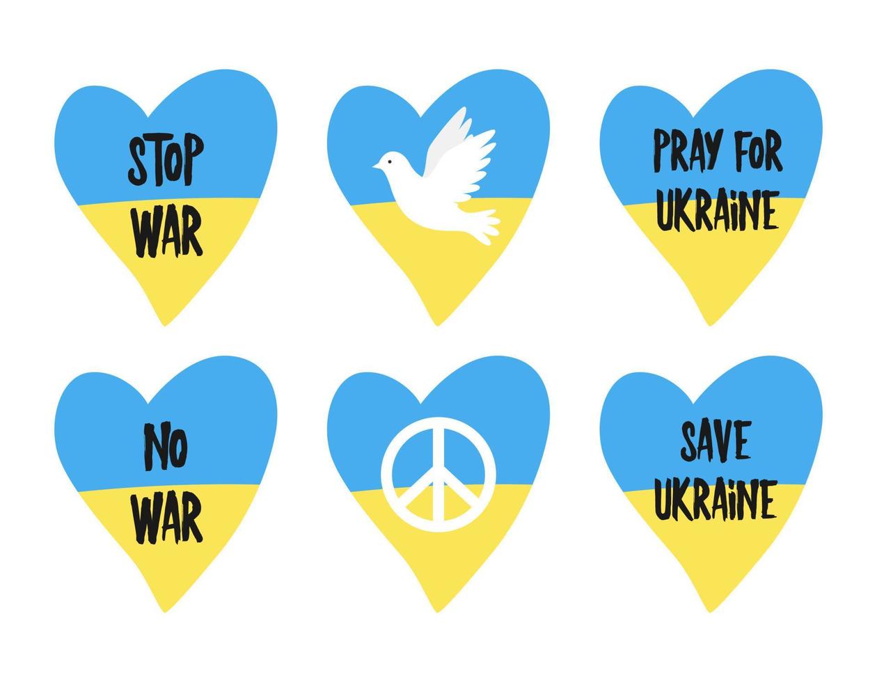 um conjunto de corações nas cores da bandeira ucraniana com as palavras - pare a guerra, sem guerra, reze pela ucrânia, salve a ucrânia, pomba e símbolo da paz. ilustração em um estilo simples, isolado em um branco. vetor