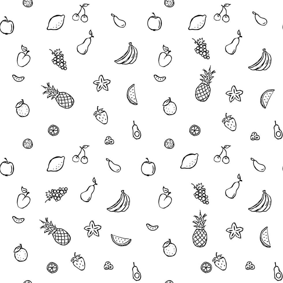 padrão de vetor de frutas e legumes sem costura. doodle vector com ícones de frutas e legumes em fundo branco. padrão vegano vintage
