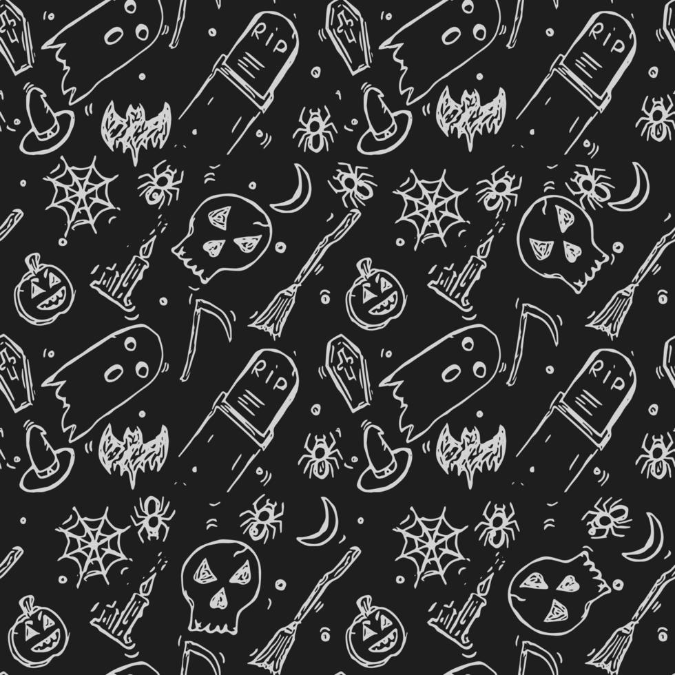 padrão de vetor de halloween sem costura. doodle vector com ícones de halloween em fundo preto. ícones vintage de halloween, fundo de elementos doces para o seu projeto