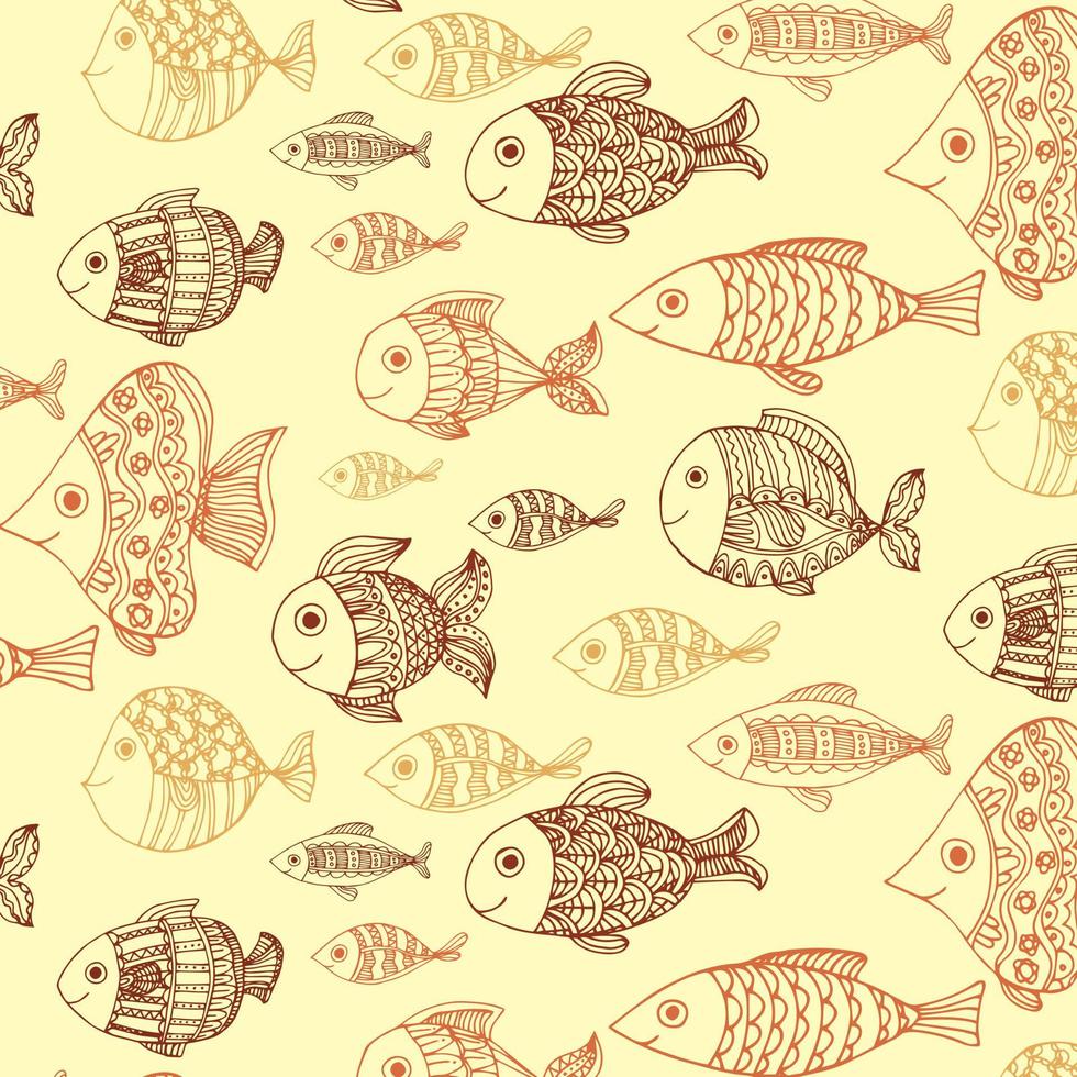 sem costura padrão plano boho com doodle peixes marrons sobre fundo bege. mundo da lagoa subaquática. vetor textura infantil para tecidos, papéis de parede e sua criatividade
