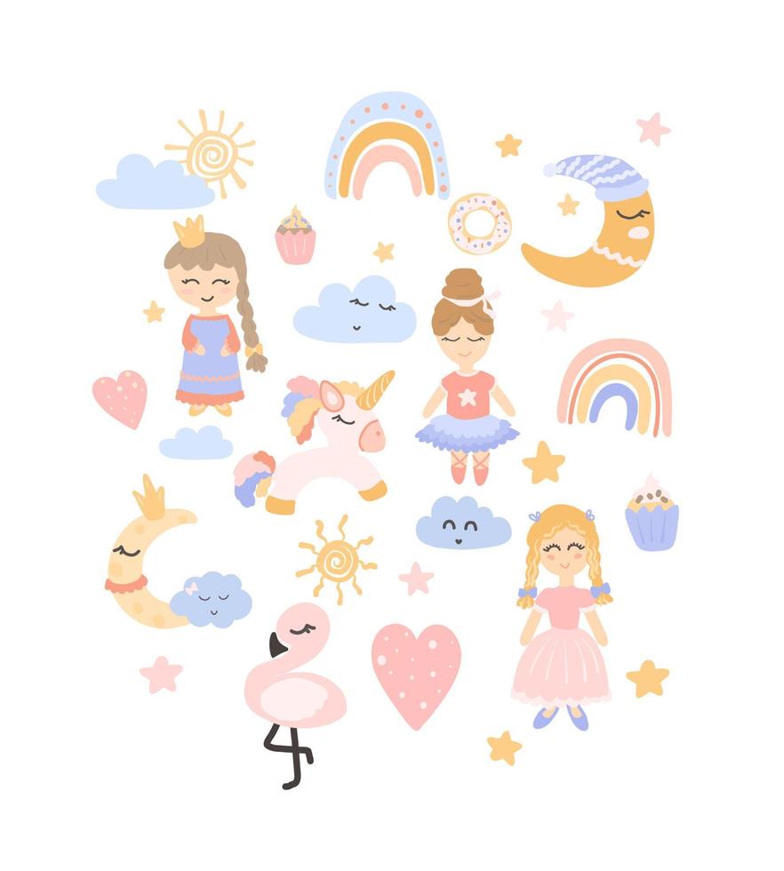 conjunto de personagens rosa fofos. princesas de desenho animado desenhadas, flamingo, arco-íris, nuvens, unicórnio. personagens de desenhos animados vetoriais. vetor