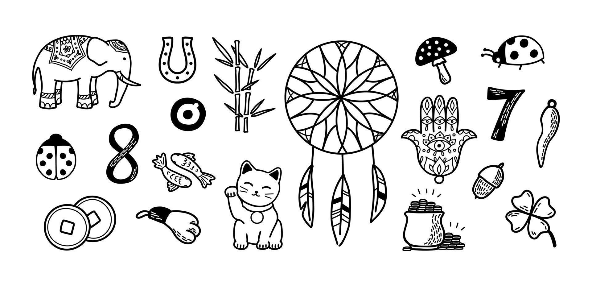 boa sorte e fortuna grande conjunto de símbolos. talismãs e encantos europeus e asiáticos doodle ilustração vetorial. símbolos de sucesso e prosperidade vetor