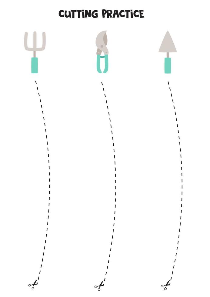 prática de corte para crianças com ferramentas de jardinagem de desenhos animados. vetor