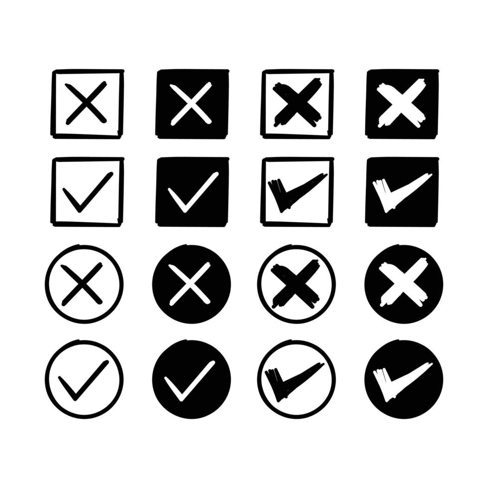 conjunto de marca de seleção doodle e símbolo de marca cruzada vetor premium