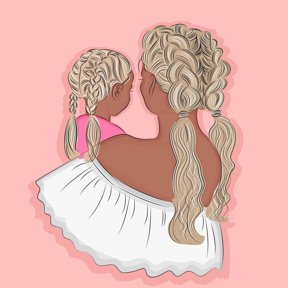 mãe e filho, menina com filha com penteado luxuoso, feliz dia das mães, cartão de dia das mães, ilustração vetorial vetor