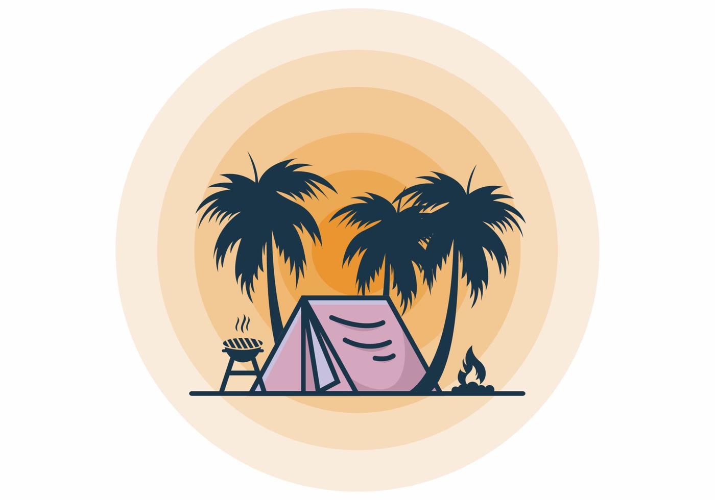 barraca de acampamento colorida e ilustração de coqueiros vetor