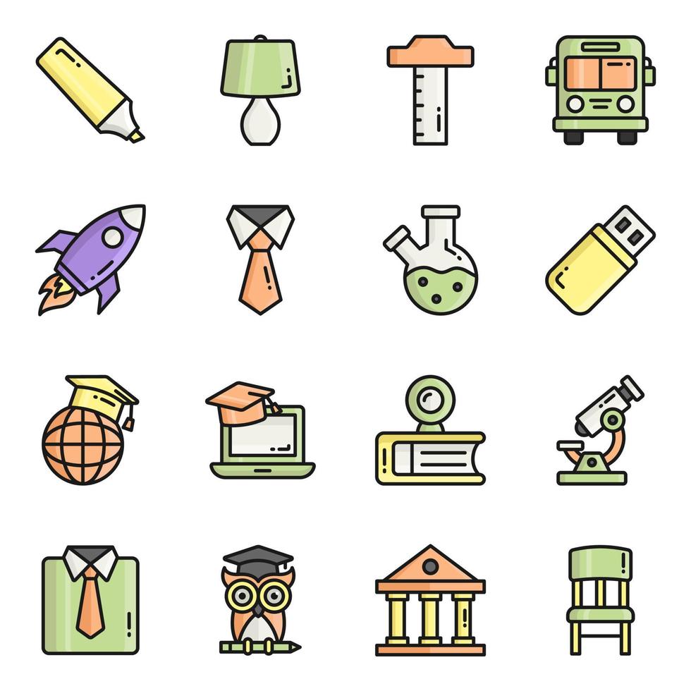 conjunto de ícones vetoriais de linha colorida, em educação de design plano, escola, coleção de pictogramas modernos e universidade com elementos para conceitos móveis e aplicativos web. vetor