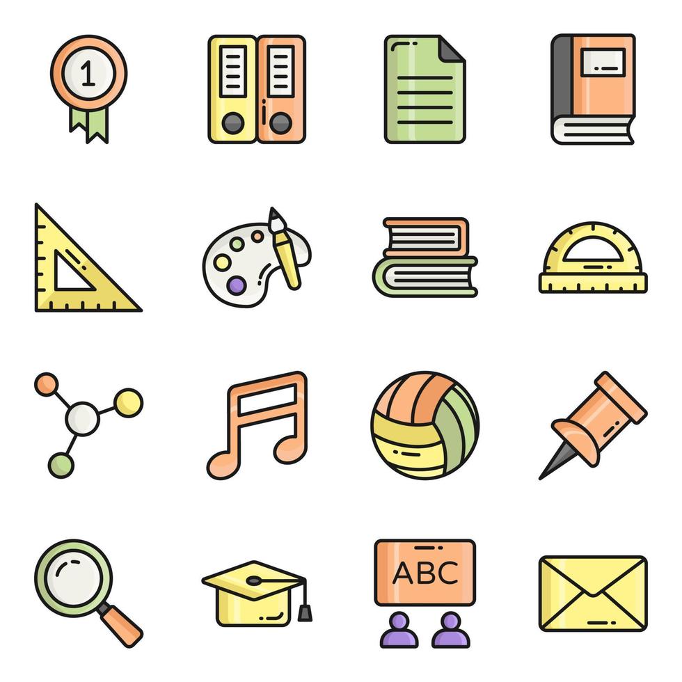 conjunto de ícones vetoriais de linha colorida, em educação de design plano, escola, coleção de pictogramas modernos e universidade com elementos para conceitos móveis e aplicativos web. vetor
