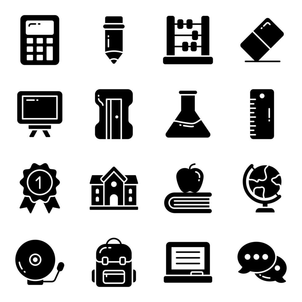 conjunto de ícones de vetor de glifo, em educação de design plano, escola, coleção de pictogramas modernos e universidade com elementos para conceitos móveis e aplicativos web.