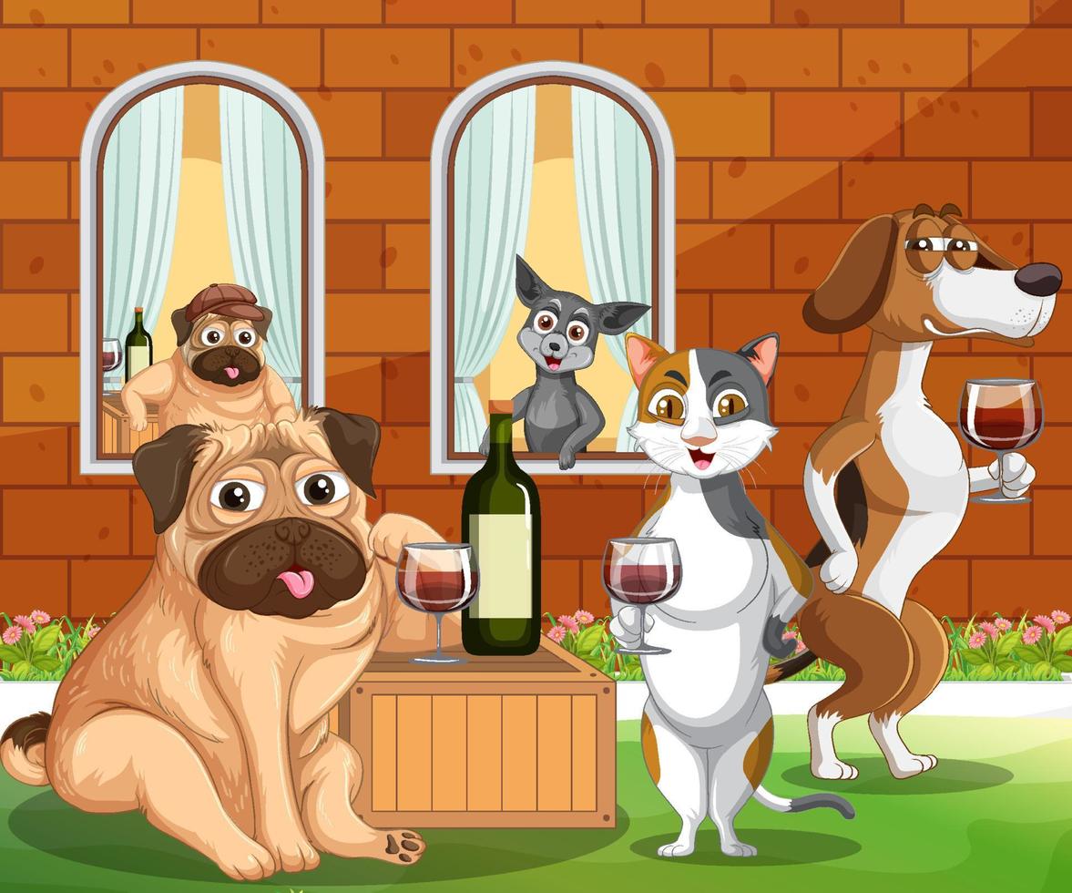 cena ao ar livre com cães e gatos na festa do vinho vetor