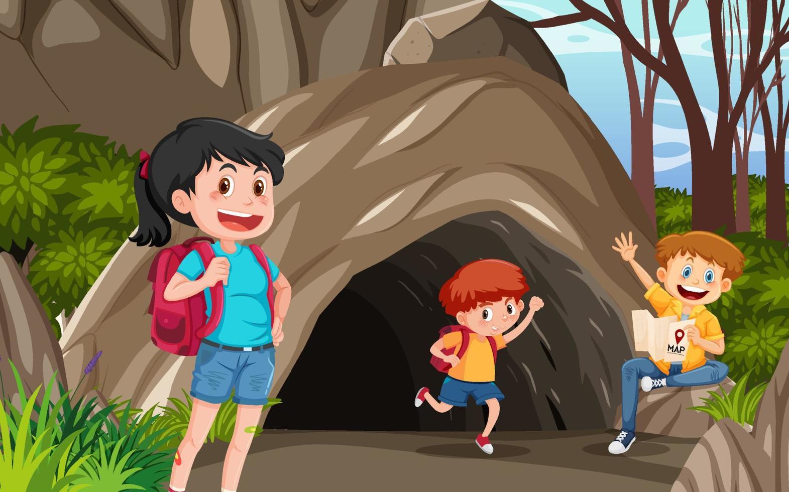 caverna na cena da floresta com crianças exploradoras vetor
