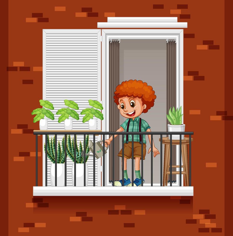 um menino regando a planta na varanda vetor