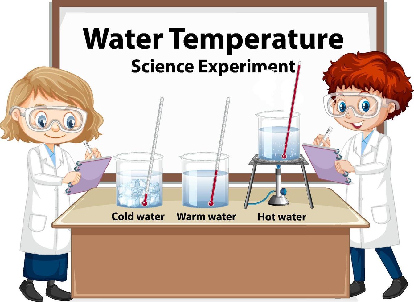 crianças cientistas explicando experimento de temperatura da água vetor