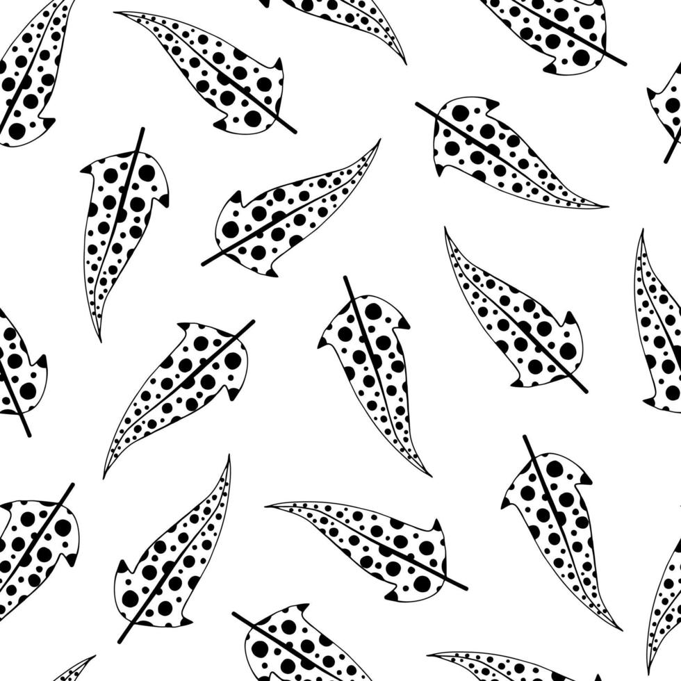 padrão de vetor sem costura com penas de pássaros. penas com bolinhas em um fundo branco. penas brancas com ornamentos pretos. doodle preto desenhado à mão