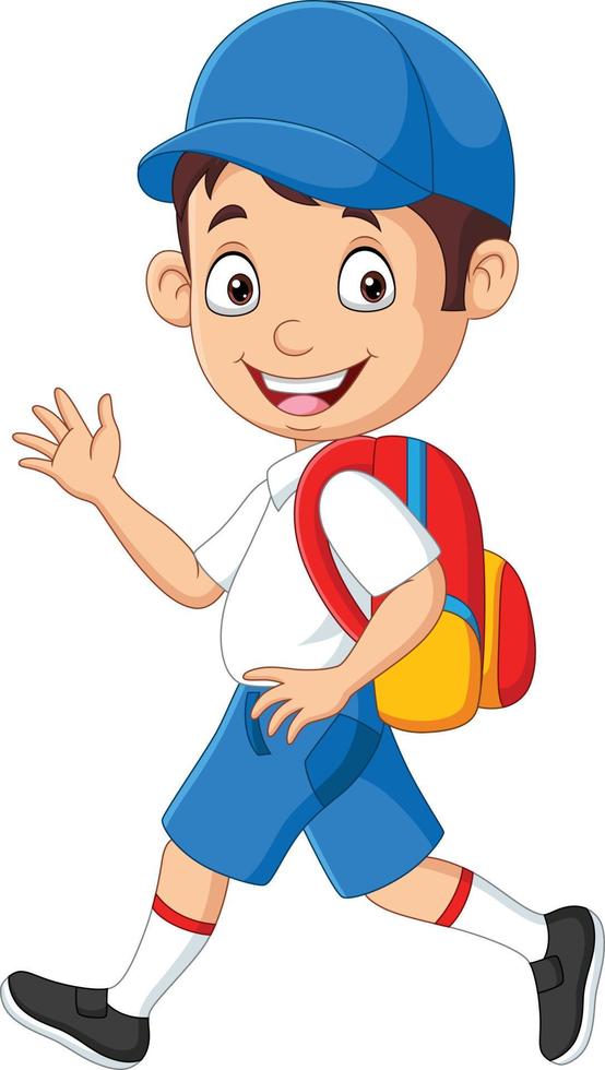 menino de escola feliz dos desenhos animados em uniforme acenando a mão vetor