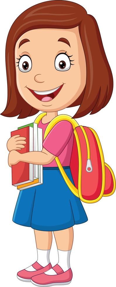 menina da escola feliz dos desenhos animados carregando livro e mochila vetor