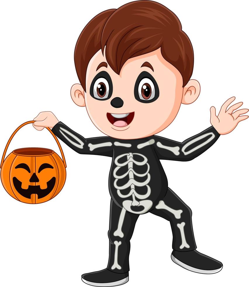 menino de desenho animado vestindo fantasia de esqueleto de halloween segurando cesta de abóbora vetor