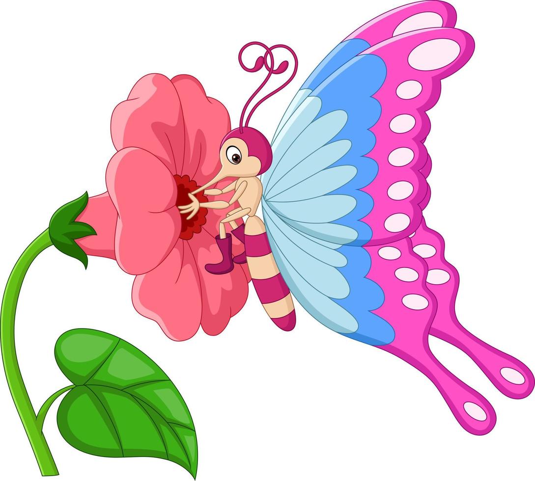 borboleta de desenho animado com flores em um fundo branco vetor