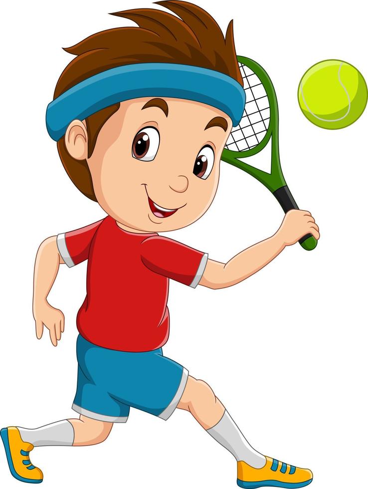 desenho animado garotinho jogando tênis vetor