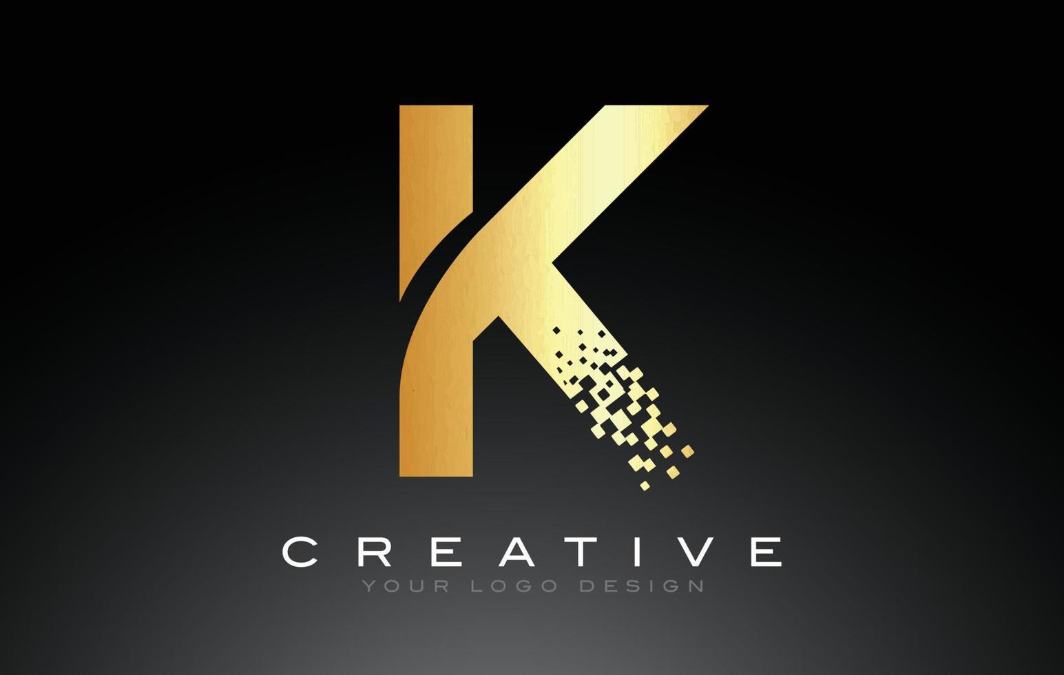 k design de logotipo de letra inicial com pixels digitais em cores douradas. vetor