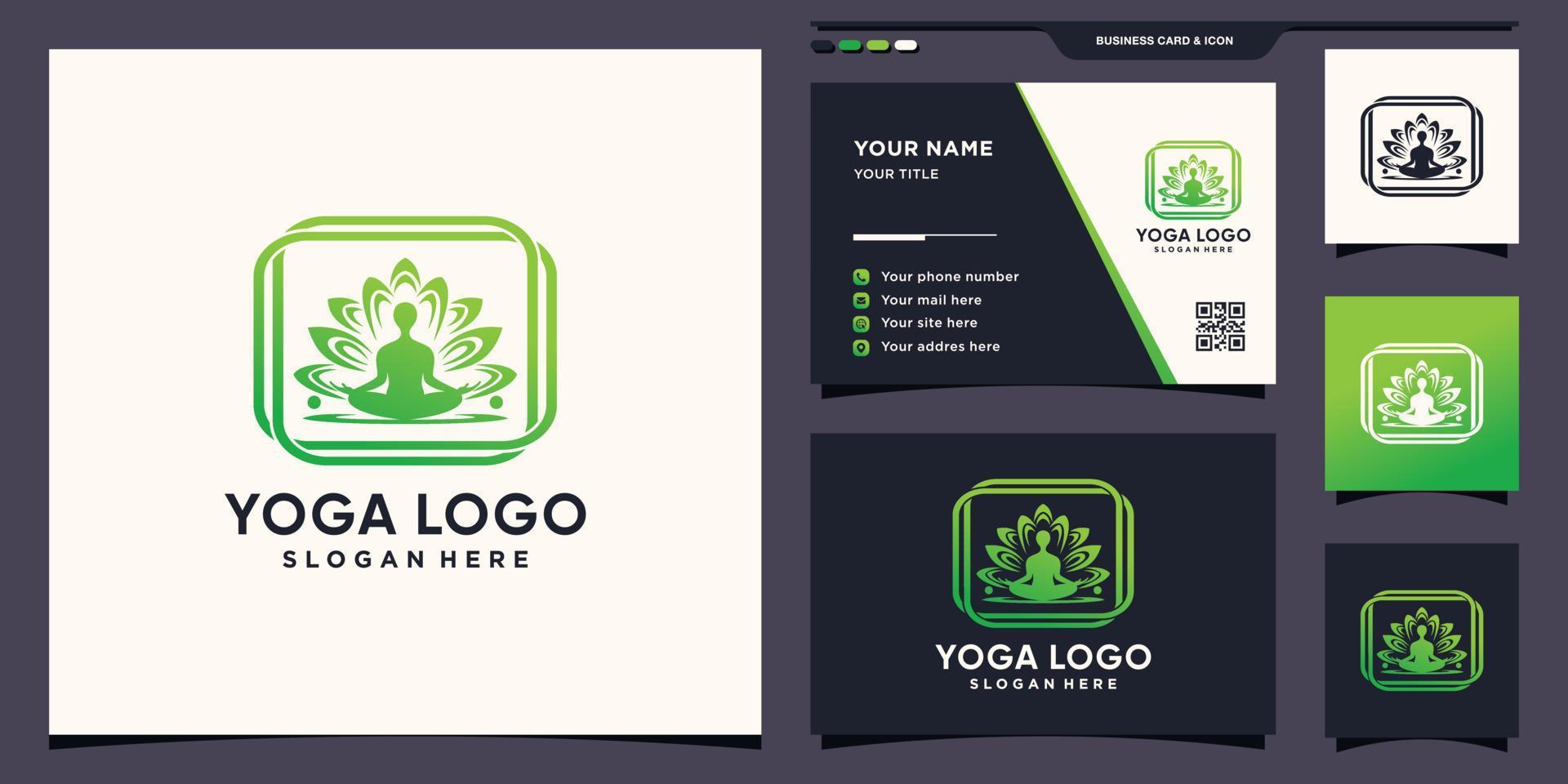 meditação de design de logotipo de pessoas de ioga em flor com conceito exclusivo e cartão de visita vetor