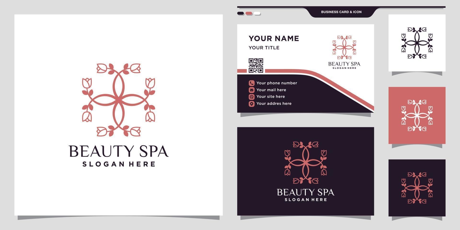 logotipo de flor rosa de beleza com estilo linear exclusivo e vetor premium de design de cartão de visita