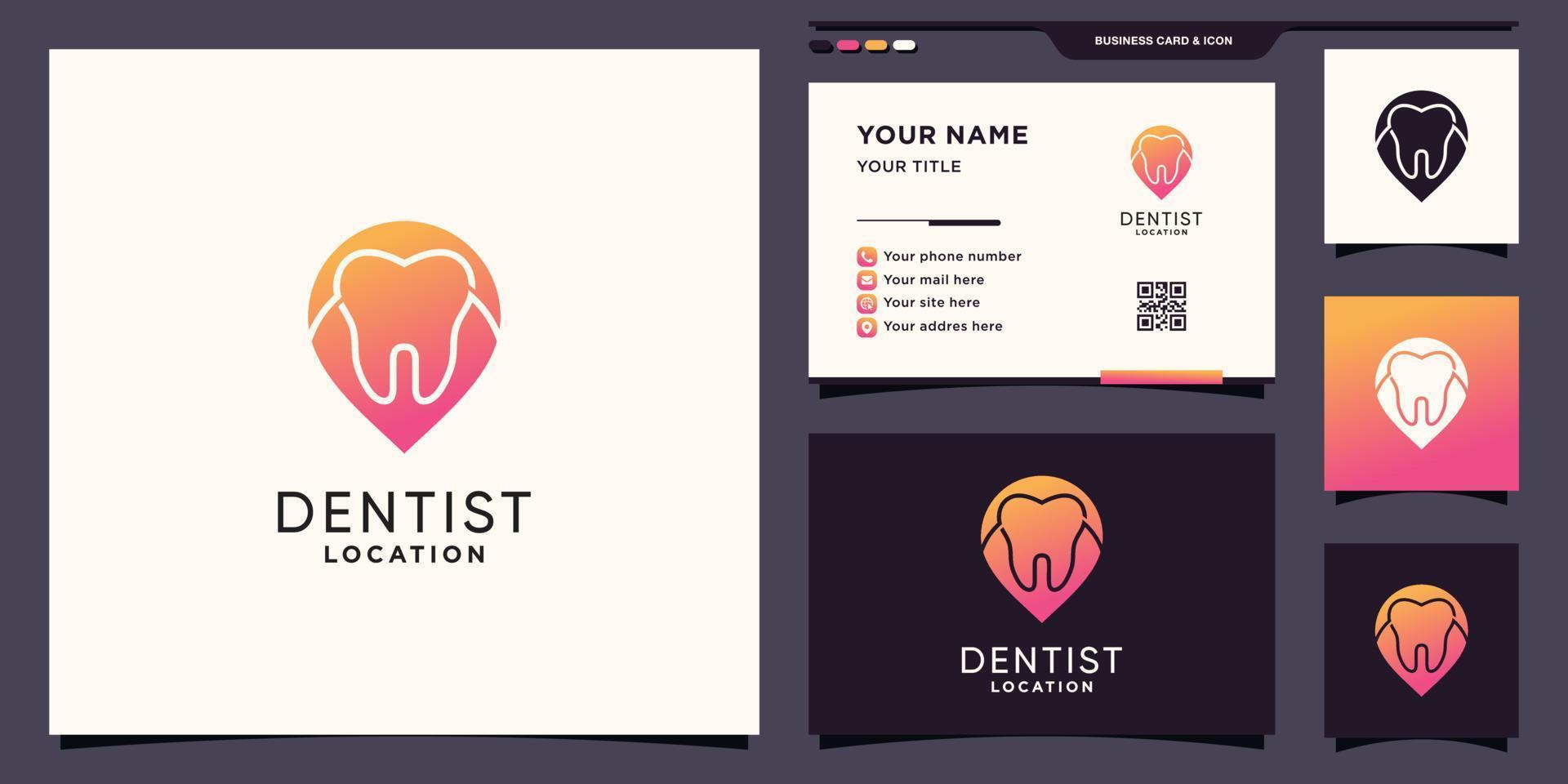 logotipo da clínica do dentista e localização do ponto de pino com conceito de espaço negativo e vetor premium de design de cartão de visita