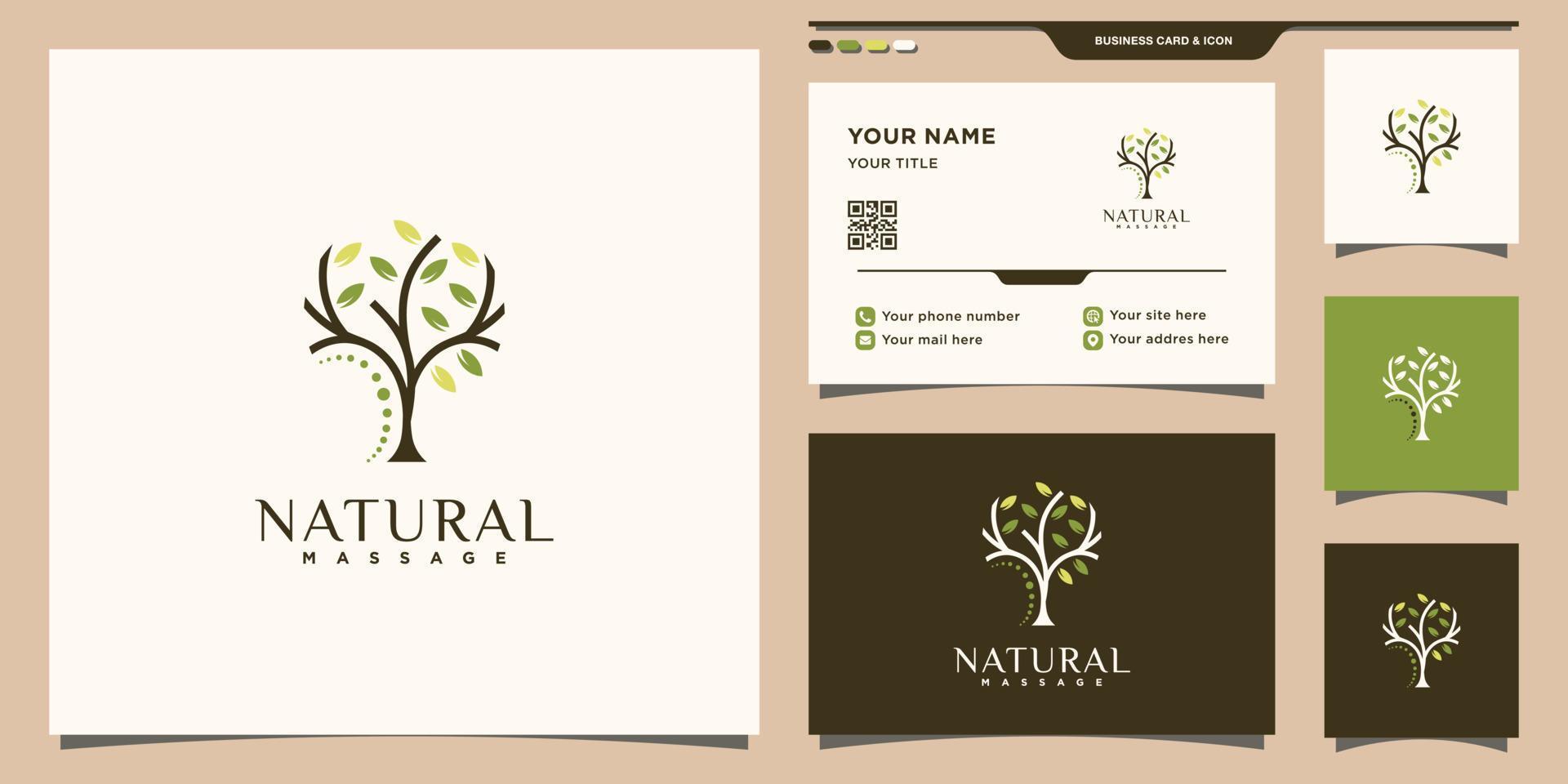 logotipo de massagem natural com conceito de árvore e vetor premium de design de cartão de visita