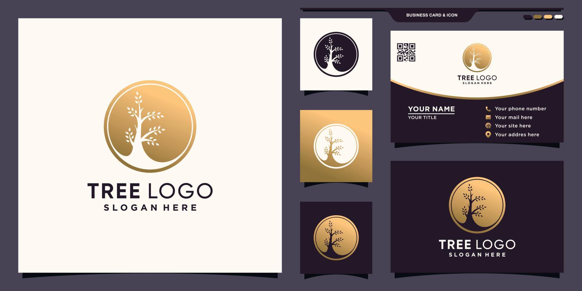 logotipo de círculo de árvore criativa com conceito de espaço negativo exclusivo e vetor premium de design de cartão de visita