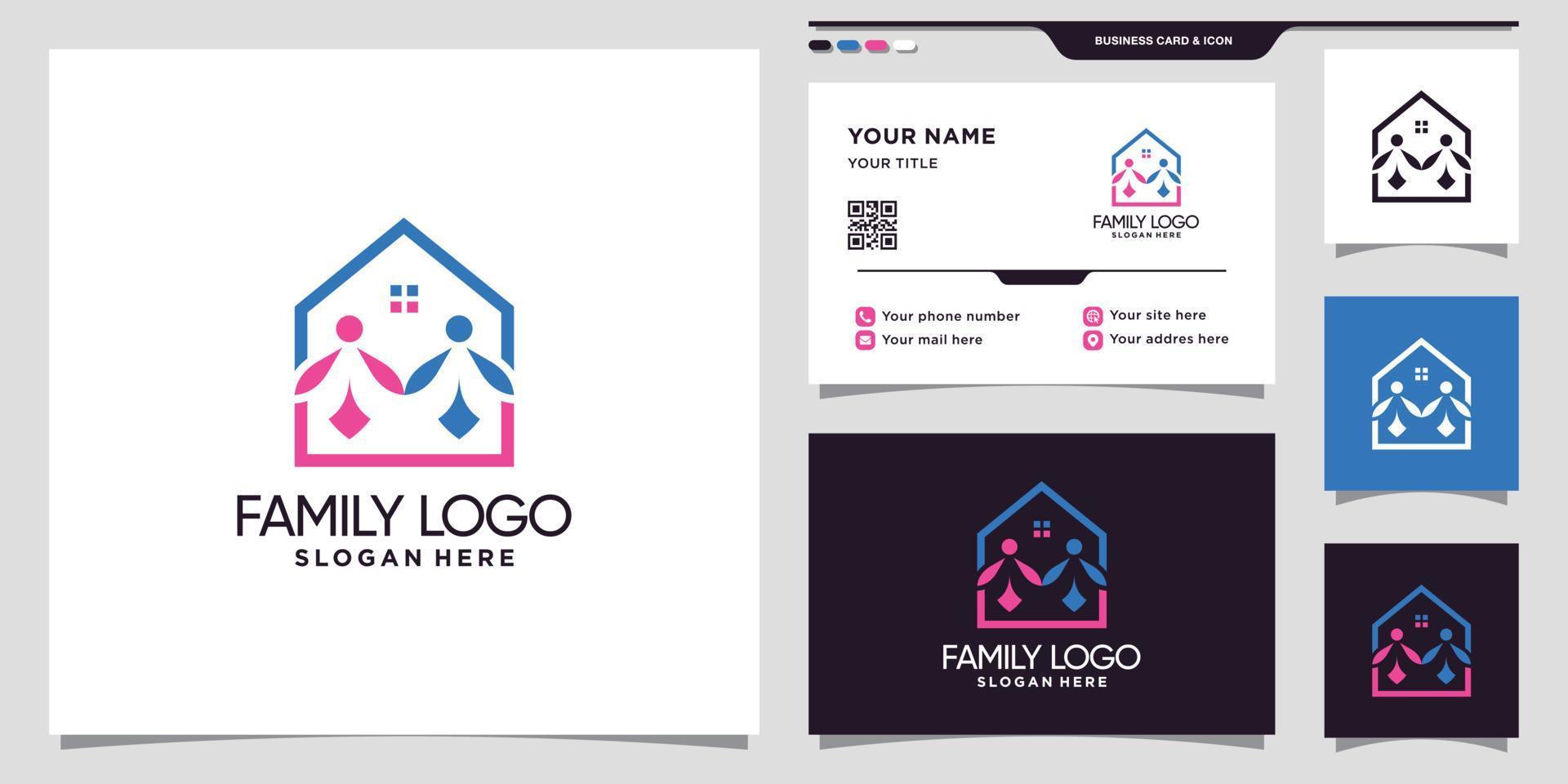 logotipo de casa e família com conceito moderno criativo e design de cartão de visita premim vector