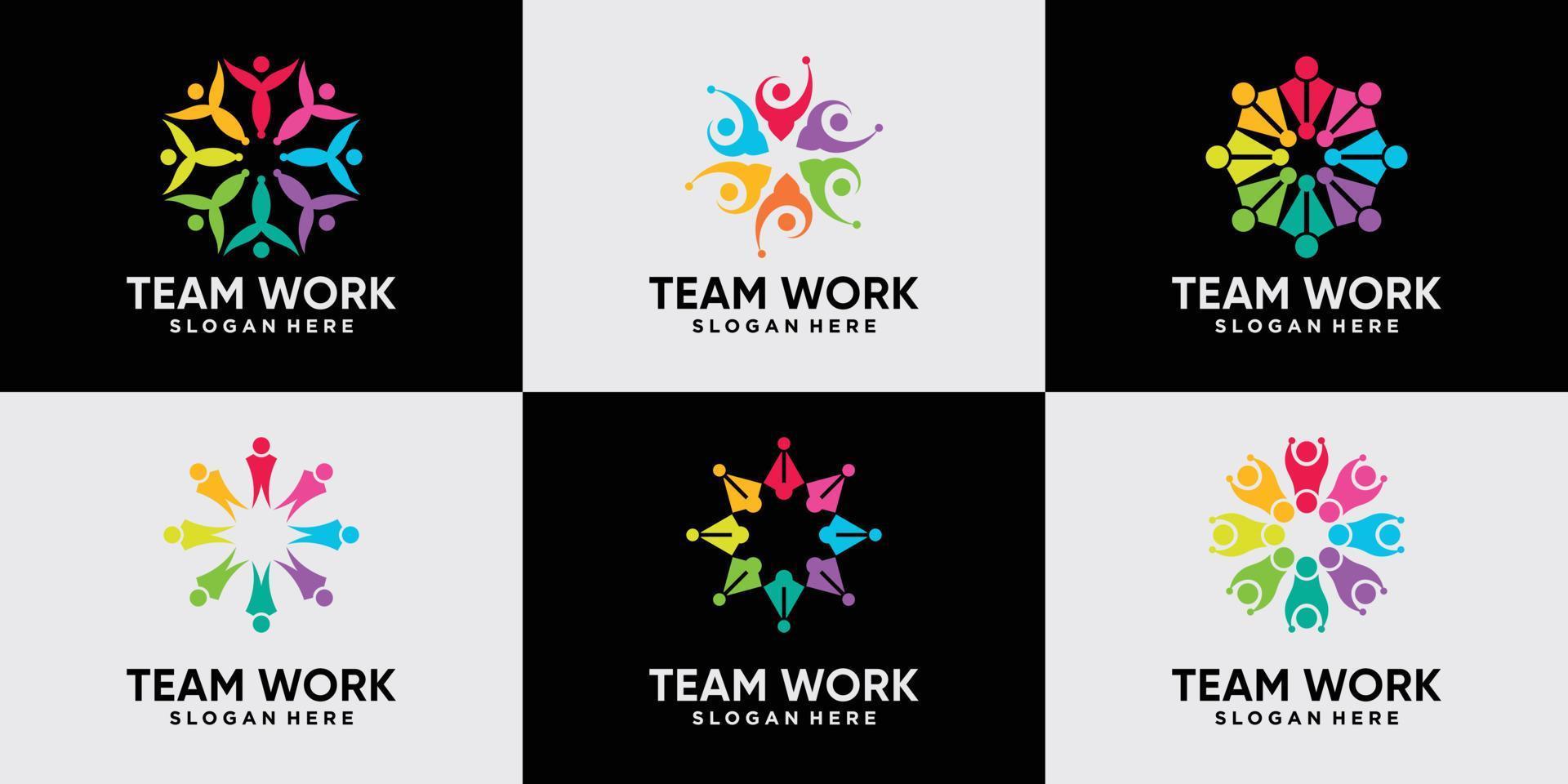 conjunto de trabalho em equipe, design de logotipo da comunidade com vetor premium de conceito moderno criativo