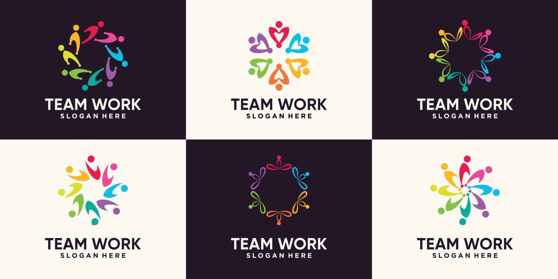 conjunto de trabalho em equipe, design de logotipo da comunidade com conceito moderno criativo vetor