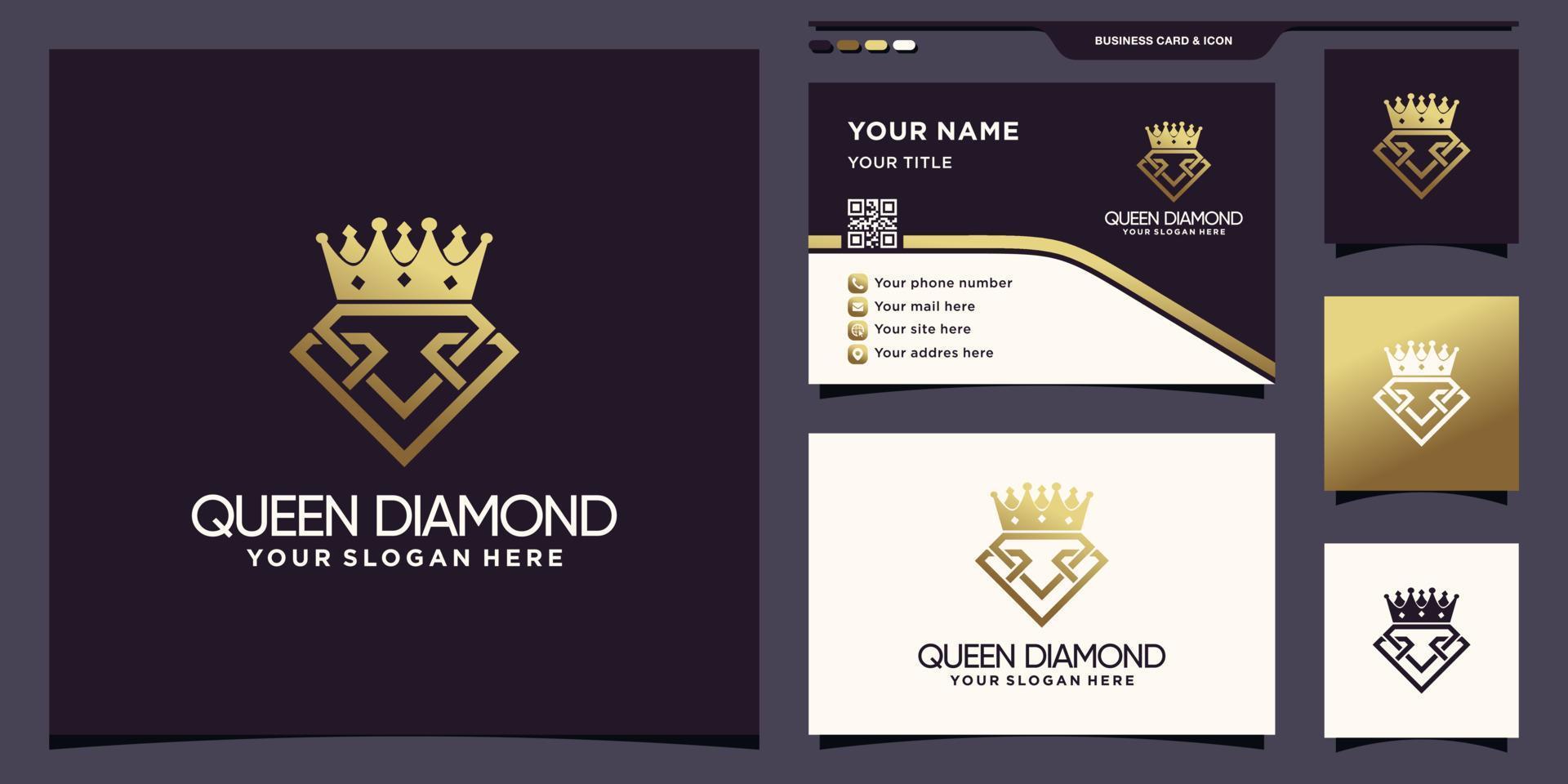 modelo de logotipo de diamante rainha com cor de estilo gradiente dourado e vetor premium de design de cartão de visita