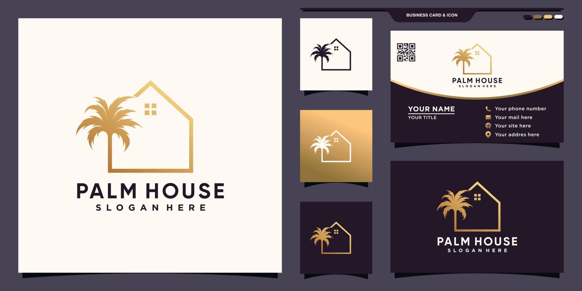 logotipo criativo de palma e casa com estilo de arte de linha e vetor premium de design de cartão de visita