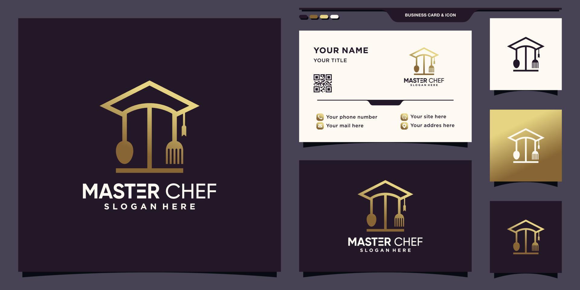 inspiração de logotipo de chef de educação criativa com estilo de arte de linha e vetor premium de design de cartão de visita
