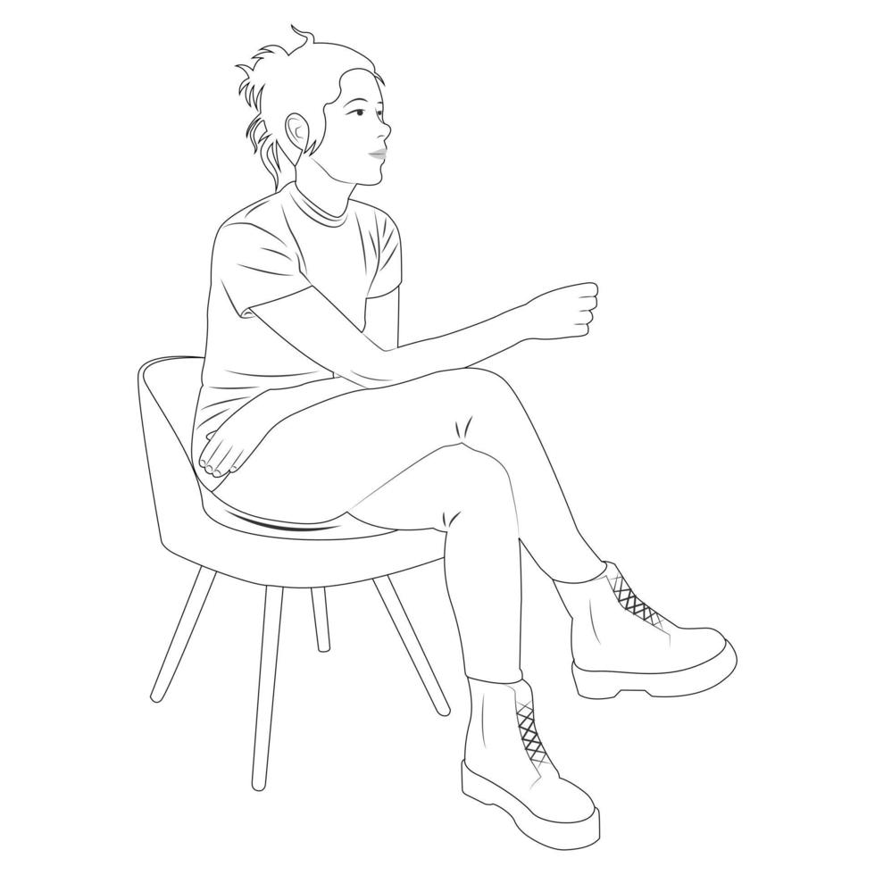 personagem de desenho animado para livro de colorir. uma mulher está sentada em uma cadeira de madeira vetor