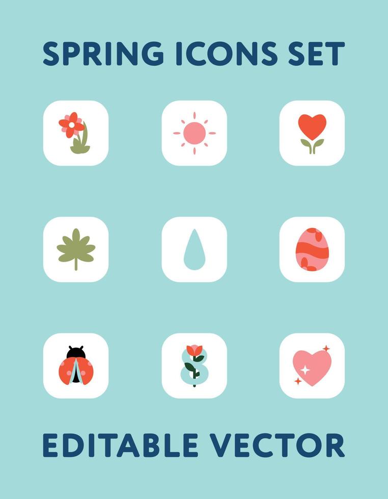 conjunto de aplicativos de vetor de ícones de primavera. projetos planos simples de páscoa. grupo de símbolos alegres coloridos em fundo isolado.