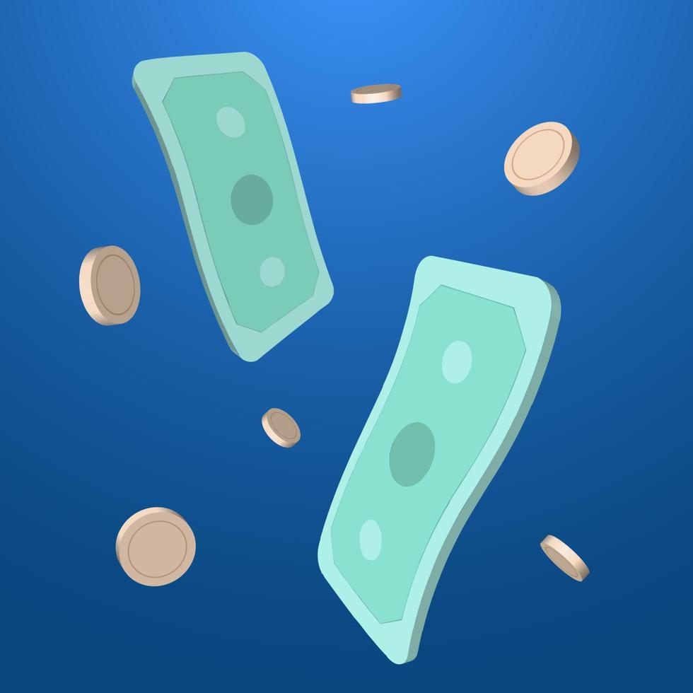 flutuante caindo dinheiro e moedas em estilo 3d vetor