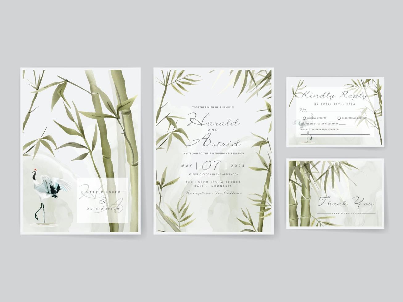 cartões de convite de casamento com elegante bambu desenhado à mão vetor