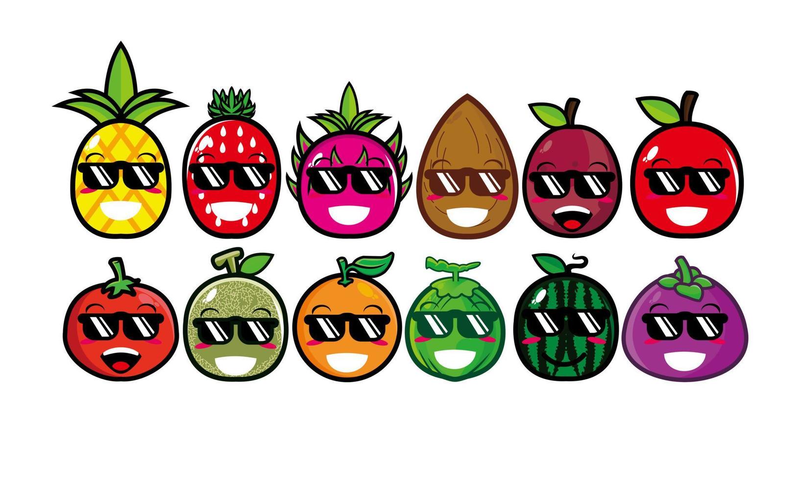 conjunto de rosto de fruta sorridente bonito feliz. coleção de ilustração de personagem de desenho animado plana kawaii de vetor. conceito de conjunto de emoji de coleção de frutas de personagem fofo vetor